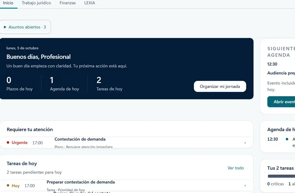 Mi Día: prioridades, agenda y tareas del estudio. Captura real con datos de ejemplo.