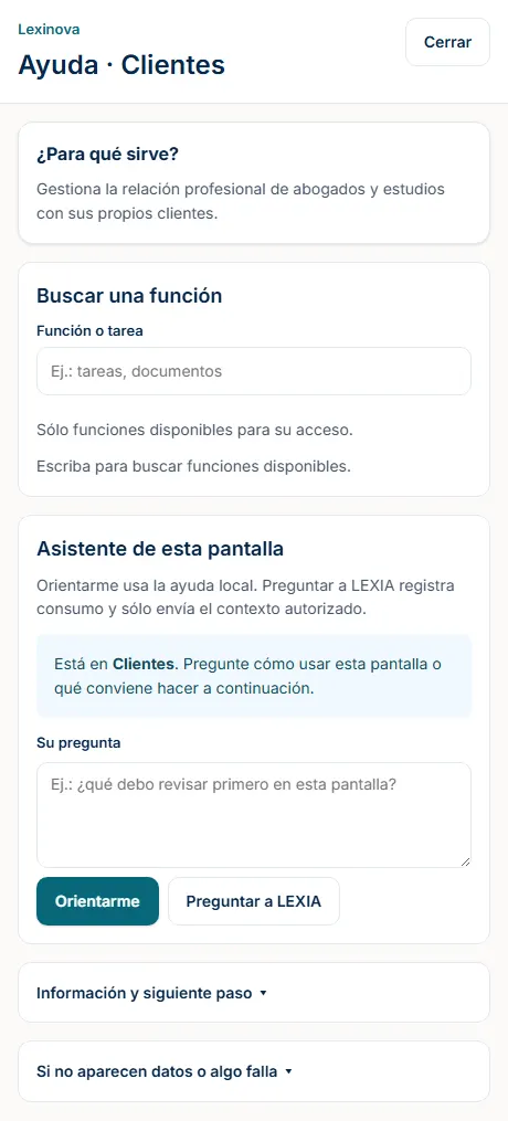 Ayuda contextual para Clientes: captura del panel real, sin consultas ni respuestas de clientes