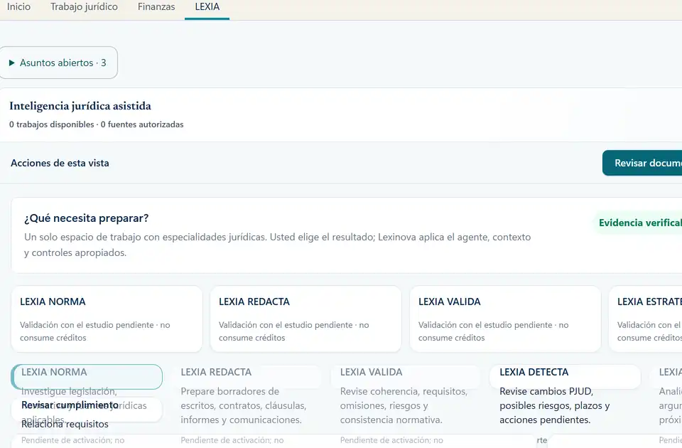 LEXIA: asistencia jurídica y revisión de fuentes. Captura real con datos de ejemplo.