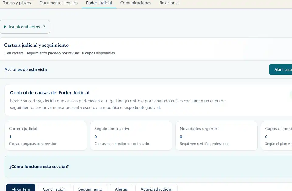 Poder Judicial: causas, movimientos y alertas. Captura real con datos de ejemplo.